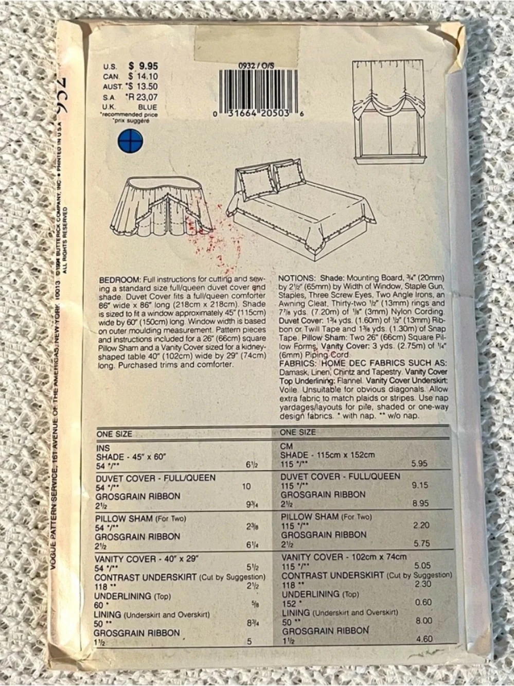 Vintage 1994 Vogue 932 Bedroom Decor Sewing Pattern Uncut